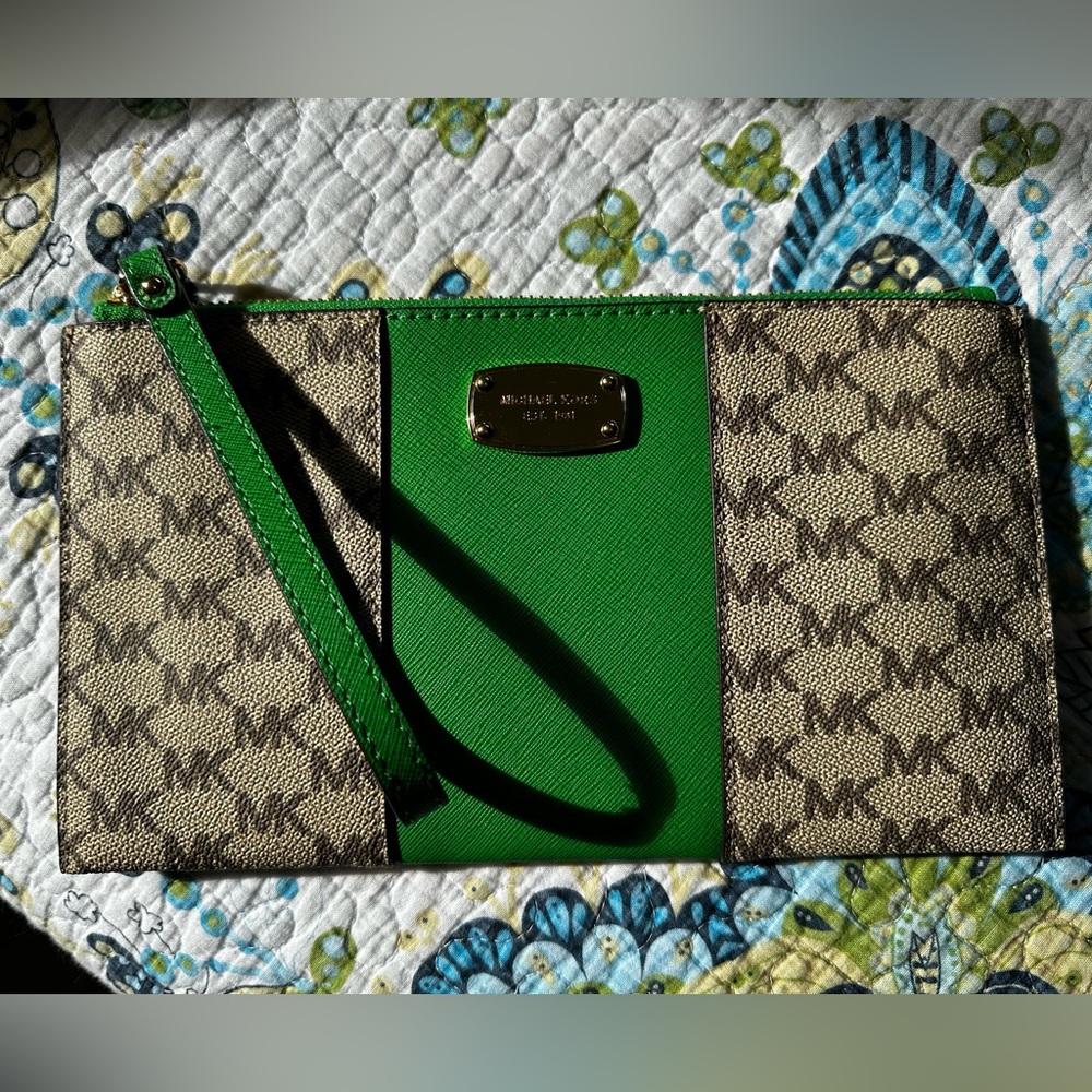 Michael Kors Beige and Green Wristlet Clutch